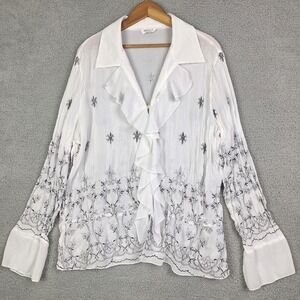 Dress-U-II by Sharon Blouse Womens 1X White Embroidered Ruffle Boho Artsy